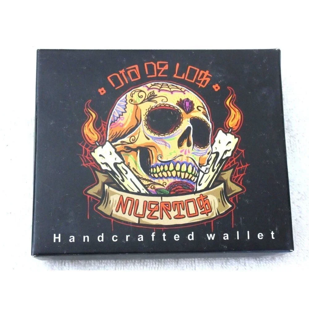 Day of The Dead Dia De Los Muertos Skull Candles Bi-Fold Vegan Leather Wallet